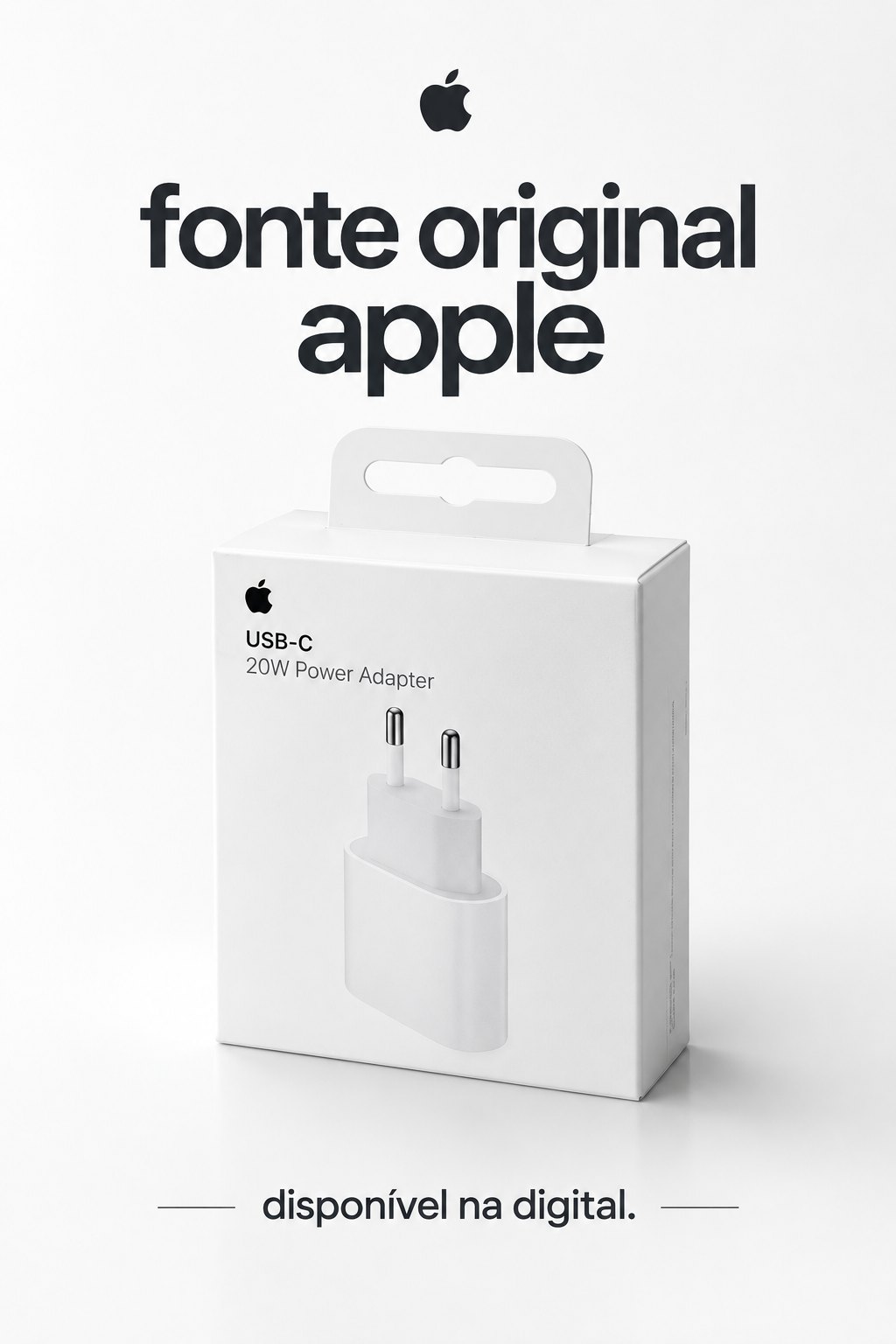 Flyer: fonte original Apple USB-C 20W na caixa, disponível na Digital Cell
